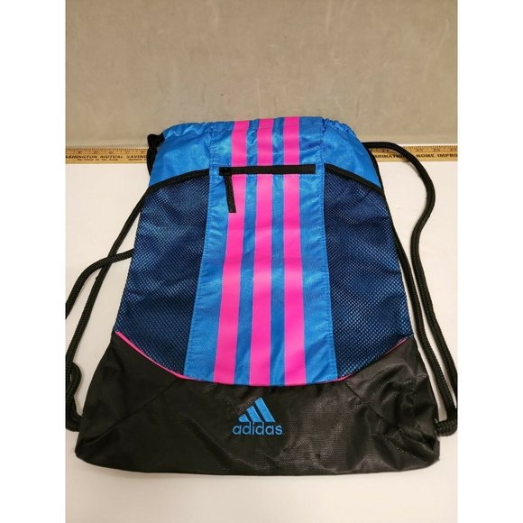 Genuine Adidas Black Blue Pink Drawstring Sport Gym Bag Used
